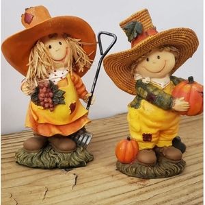 Harvest Scarecrow Figurine Male and Female Set with Pumpkins, Pitchfork, Straw H